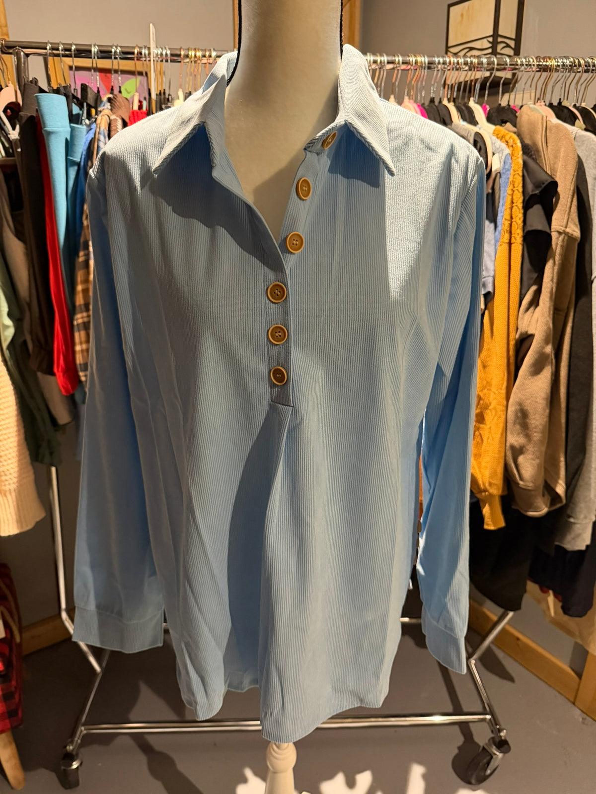 Ribbed Button Front Side Slit Top