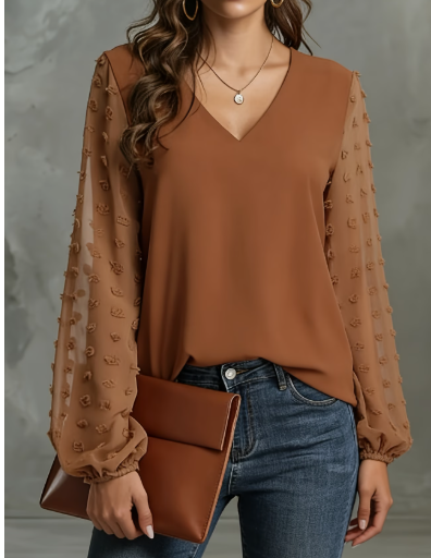 Coffee Elegant V-neck Swiss Dot Blouse