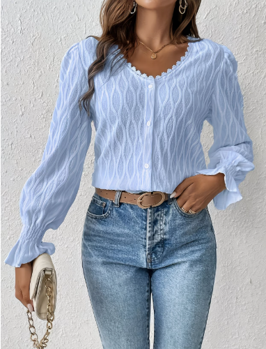 Blue V-neck Lace Flutter Cuff Top