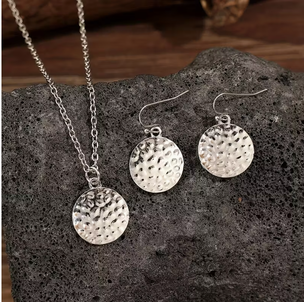 3pcs/set Silver Bohemian Style Concave Round Plate Electroplated 14k Golden plated Vintage Fashion Alloy Earrings Necklace
