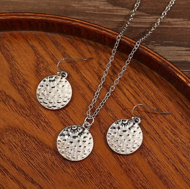 3pcs/set Silver Bohemian Style Concave Round Plate Electroplated 14k Golden plated Vintage Fashion Alloy Earrings Necklace