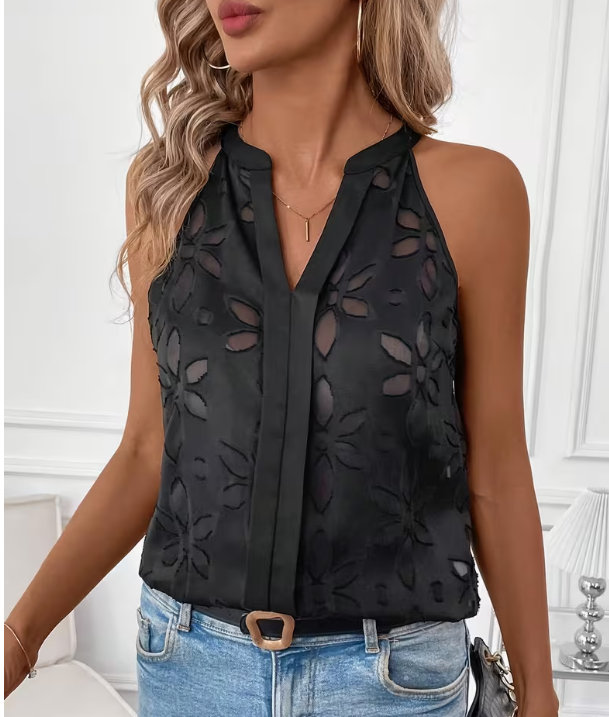 Black Hollow out Floral Detail Sleeveless Top