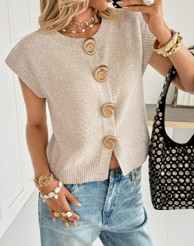 Apricot Metallic Buckle Short Sleeve Top