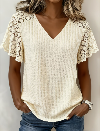 Beige V-neck Butterfly Sleeves Lace Detail Top