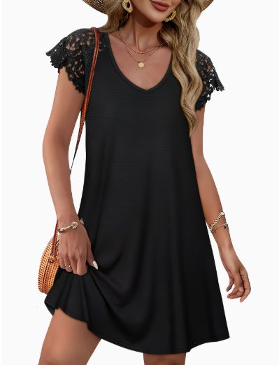 Black Lace Short Sleeve Dress
