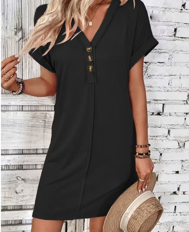 Black V-neck Button Seam Dress