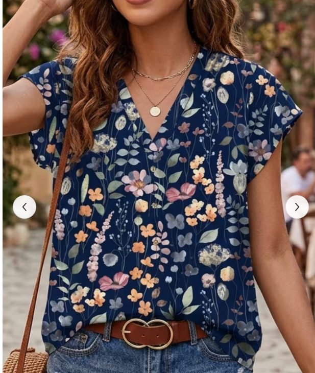 Blue Floral V-neck Short Sleeve Top