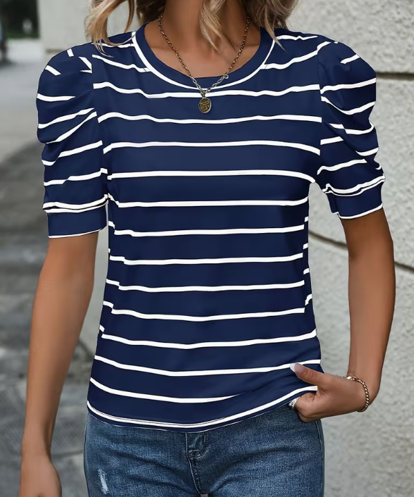 Blue and White Stripe Puff Sleeve Top