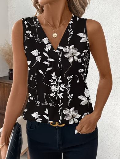 Black with white flowers v-neck tank top