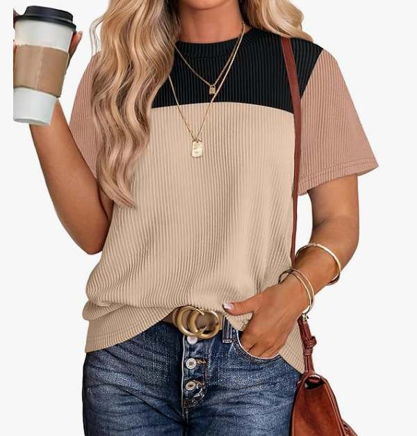 Black Tan Colorblock Ribbed Short Sleeve Top