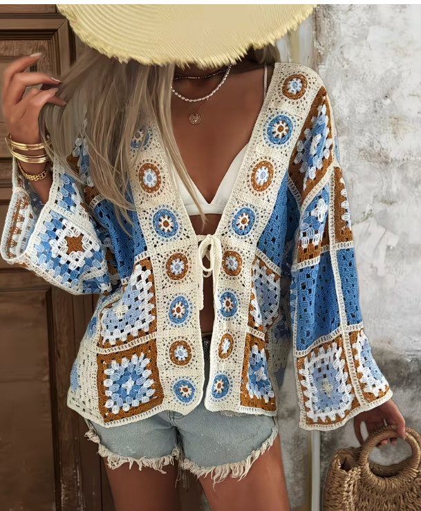 Blue Bohemian Hollow Crochet Cardigan