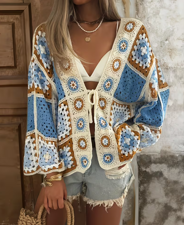 Blue Bohemian Hollow Crochet Cardigan