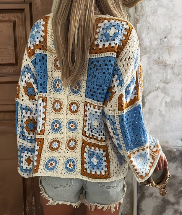 Blue Bohemian Hollow Crochet Cardigan