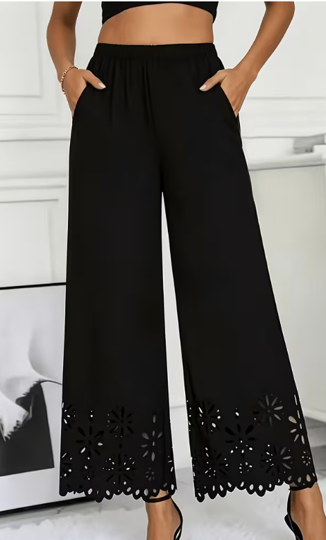 Black Hollow Out Floral Wide Leg Pants