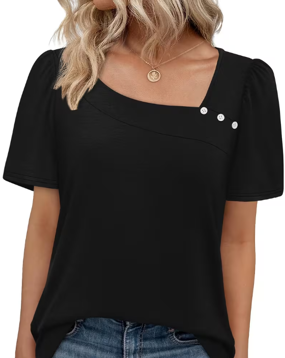 Black Puff Sleeve Square Neckline with Buttons