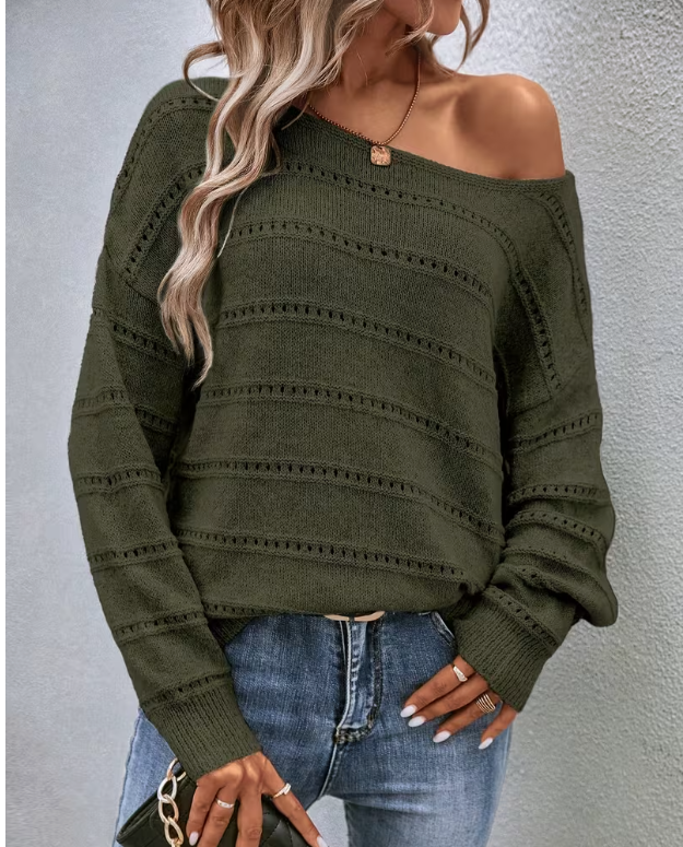 Green Off-Shoulder Eyelet Sweater