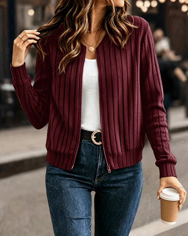 Burgundy Ribbed Zipper Jacket