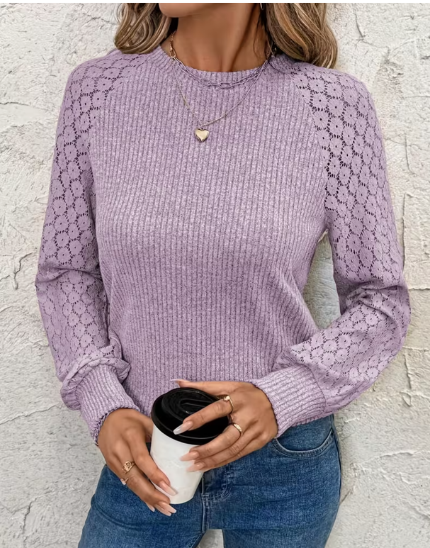 Purple Ribbed Lace Sleeve Top