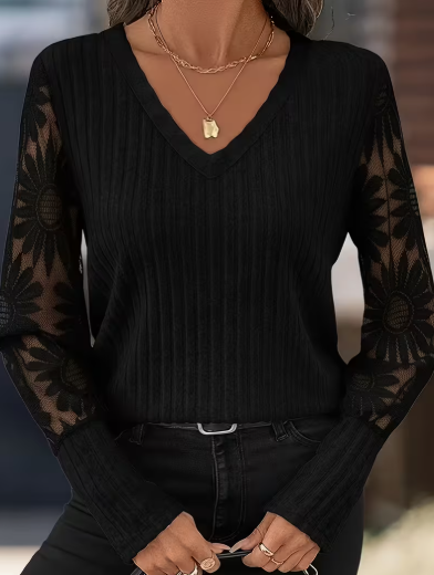 Black V-neck Sheer Floral Sleeve Top