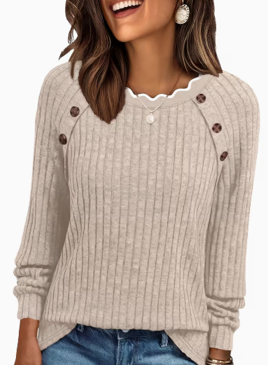 Beige Scallop Button Top