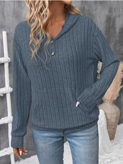 Sea Blue Ribbed Button Hoodie