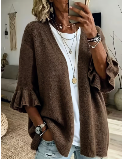 Brown 3/4 Ruffle Cardigan