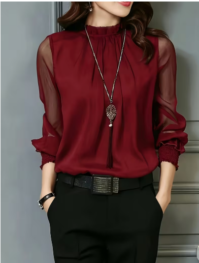 Burgundy Stand Collar with Sheer Sleeves