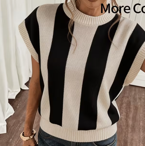 Four-Color Color-Block Interspace Stripe Top
