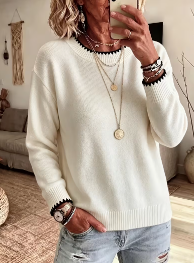 White Soft Contrast Wave Sweater