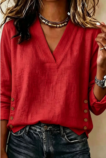 V-neck Loose Button Cotton Linen Shirt