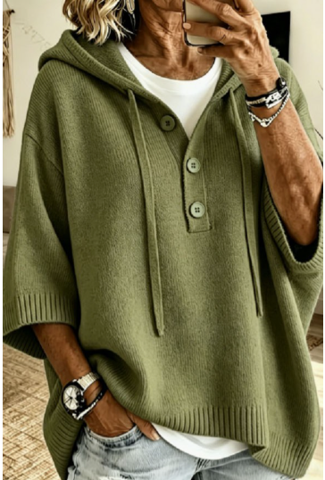 Half Button Lazy Style Hooded Short Sleeve Sweater