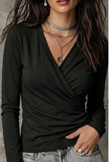 Cross V-neck Pleated Long Sleeve Shirt