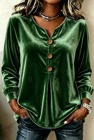 Elegant V-neck Button Velvet Top