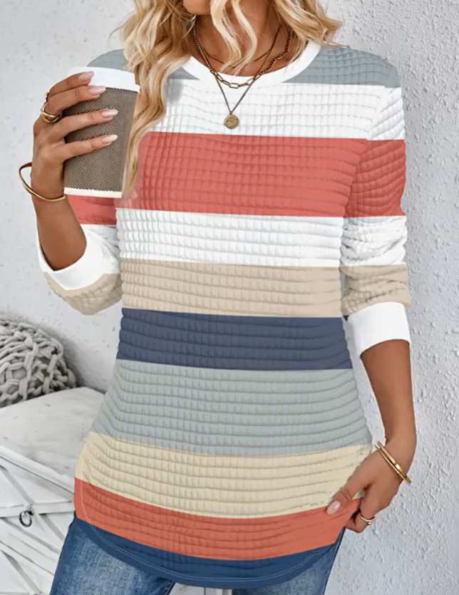 Quilted Multi Color Stripe Long Sleeve Top