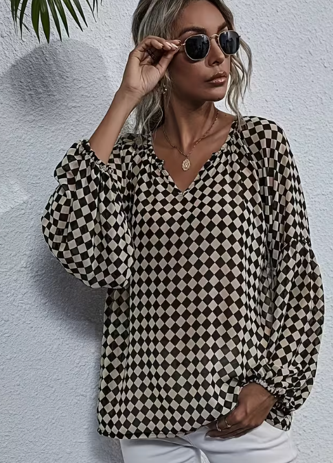 Loose Chiffon V-neck Plaid Top