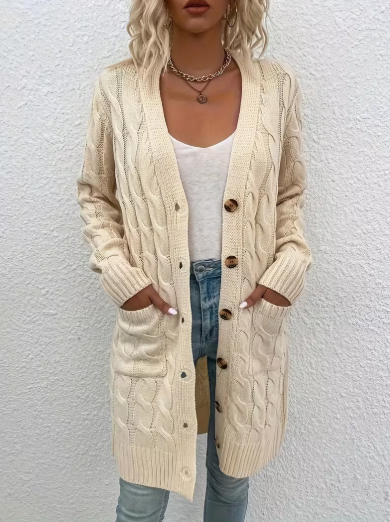 Champagne Cable Knit Long Button Cardigan