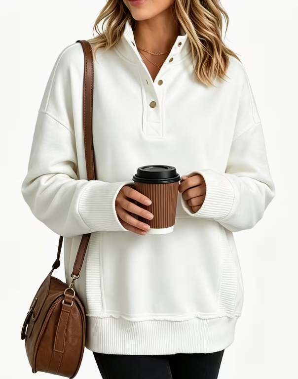 White Henley Neck Button Sweatshirt with pockets