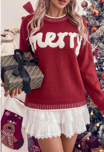 Red Embroidered Merry Sweater